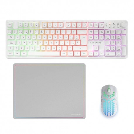 Combo gaming Mars blanc avec clavier, souris et tapis