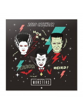 Calendário de parede Universal Monsters 2026 com monstros icônicos
