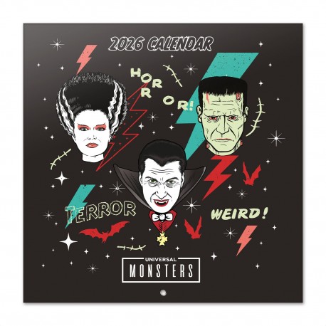 Calendário de parede Universal Monsters 2026 com monstros icônicos