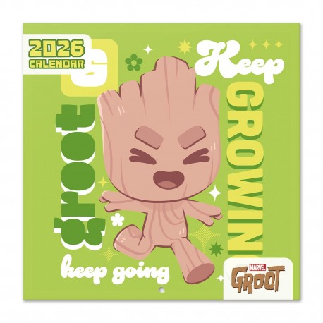 Calendario 2026 Marvel Yo Soy Groot verde con Groot sonriente