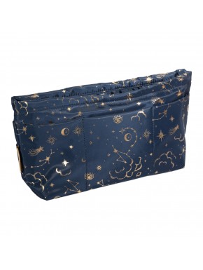 Neceser azul con diseño dorado de estrellas y constelaciones