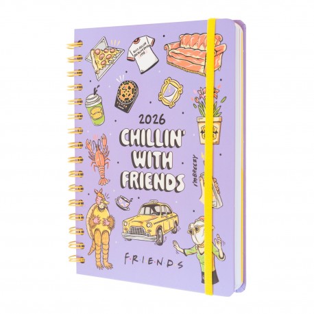 Agenda 2026 Friends tapa lila y decoraciones
