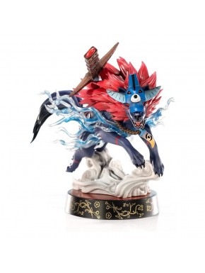Figura de Oki en forma de lobo de Okami con aura azul.