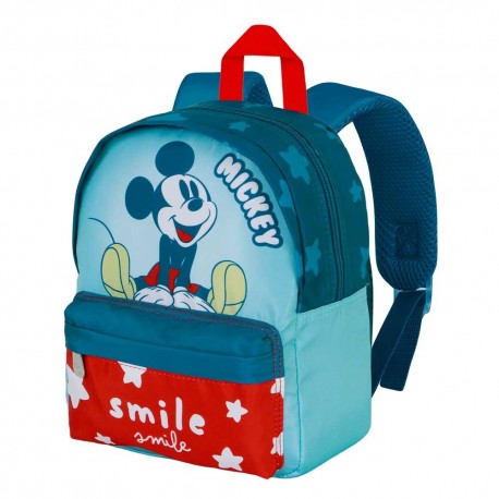 Mochila azul de Mickey Mouse con bolsillo frontal rojo