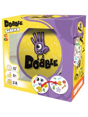 Caja del Juego de Mesa Dobble Clásico con cartas y símbolos