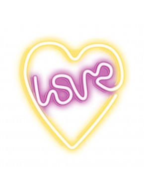 Lámpara neon LED en forma de corazón con palabra LOVE en violeta y blanco