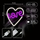 Lámpara neon LED en forma de corazón con palabra LOVE en violeta y blanco