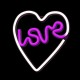 Lámpara neon LED en forma de corazón con palabra LOVE en violeta y blanco