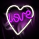 Lámpara neon LED en forma de corazón con palabra LOVE en violeta y blanco
