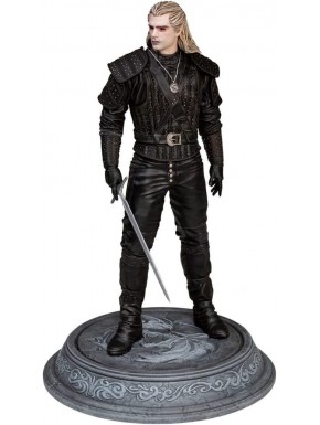 Figura de Geralt de Rivia en color negro sobre base decorada