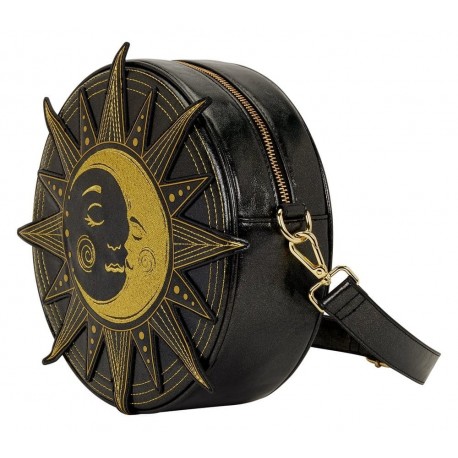 Sac bandoulière noir avec design de soleil et lune dorés