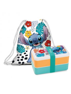 Set de fiambrera y bolsa Stitch azul con diseño floral