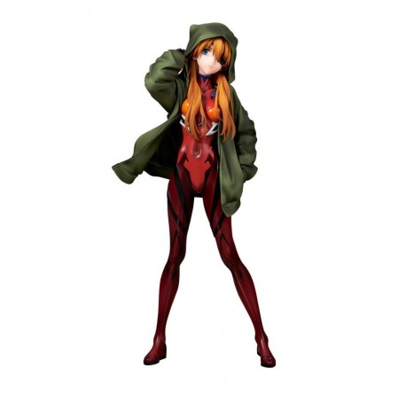 Statue d'Asuka Langley avec combinaison rouge et hoodie vert d'Evangelion