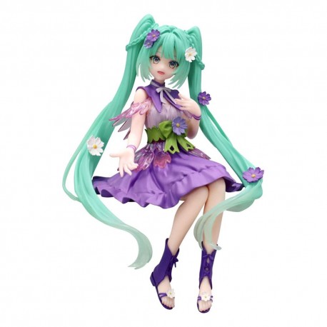 Estatua de Hatsune Miku 14 cm con vestido púrpura y flores.