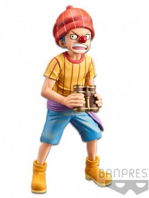 Figura Banpresto de Baggy de One Piece vestido con camisa amarilla y gorro rojo