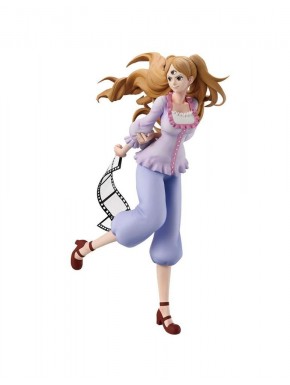 Figura de mujer con blusa lila y cinta de película