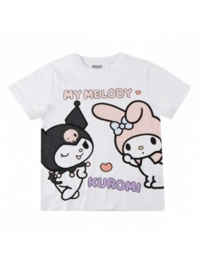 Camiseta branca Hello Kitty My Melody e Kuromi para meninas