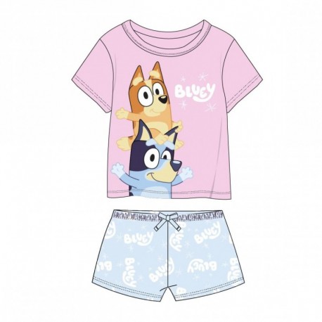 Pyjama court Bluey pour enfants avec t-shirt rose et short bleu