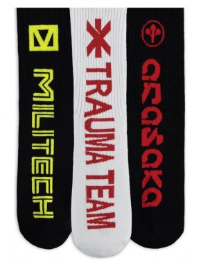 Chaussettes Cyberpunk 2077 avec designs Militech, Trauma Team, et Arasaka