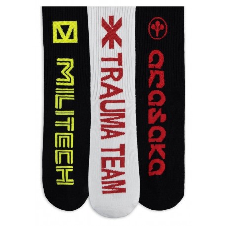 Chaussettes Cyberpunk 2077 avec designs Militech, Trauma Team, et Arasaka