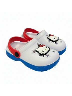 Sabots blancs avec image de Hello Kitty, semelle bleue et sangle rouge