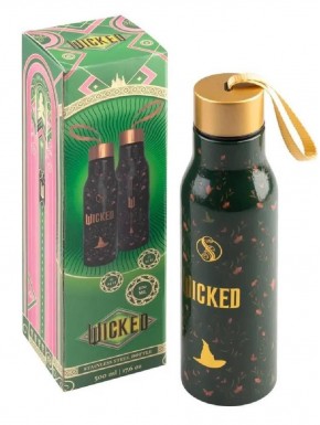 Botella metálica verde Wicked con detalles dorados
