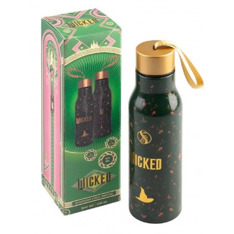 Botella metálica verde Wicked con detalles dorados
