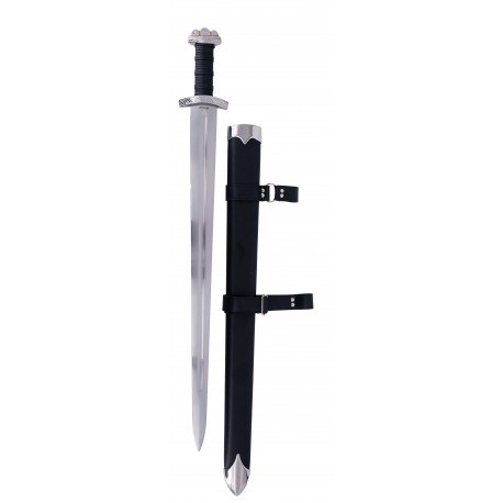 Espada vikinga funcional con funda y mango de piel