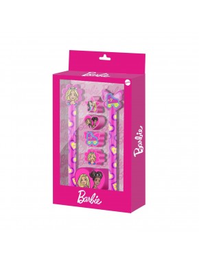 Boîte de papeterie Barbie avec stylo, crayon et gommes en rose
