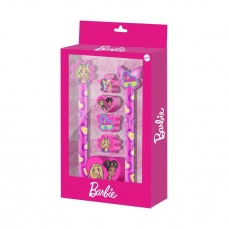 Boîte de papeterie Barbie avec stylo, crayon et gommes en rose