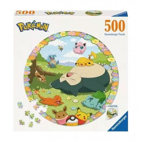 Puzzle rond Pokémon fleuri 500 pièces avec Pikachu et Ronflex