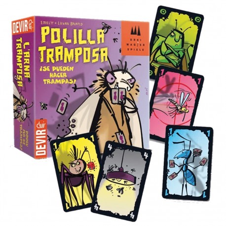 Caja y cartas del juego La Polilla Tramposa de Devir