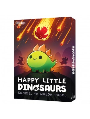 Caja del juego de mesa Happy Little Dinosaurs con un dinosaurio y meteoritos
