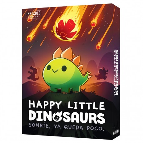Caja del juego de mesa Happy Little Dinosaurs con un dinosaurio y meteoritos