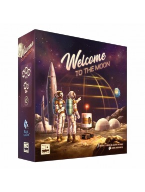 Caja del juego de mesa Welcome to the Moon y tableros de juego
