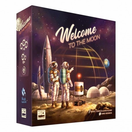 Caja del juego de mesa Welcome to the Moon y tableros de juego