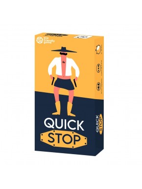 Caja del juego de mesa Quick Stop en colores amarillo y negro.
