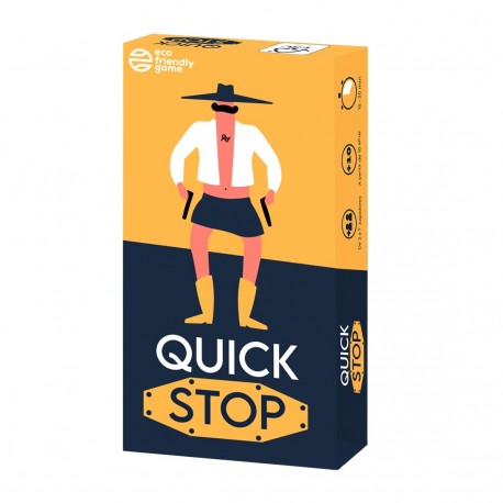 Caja del juego de mesa Quick Stop en colores amarillo y negro.