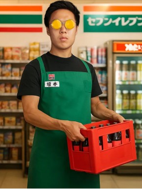 Avental verde oficial de Sakamoto Days com pin e logotipo icônico