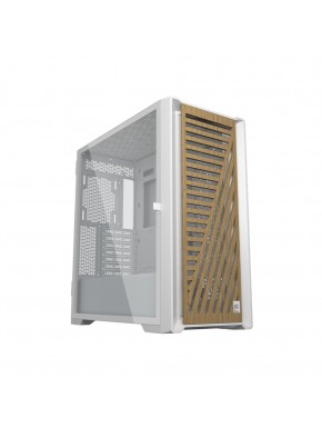 Caja ordenador Phoenix con frontal de madera y panel de cristal.