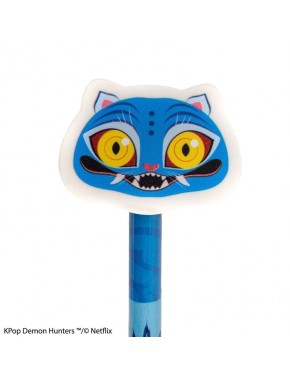 Lápiz azul con goma en forma de cabeza de demonio felino