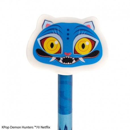 Lápiz azul con goma en forma de cabeza de demonio felino