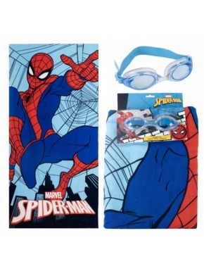 Ensemble Spiderman avec serviette bleue et lunettes de natation