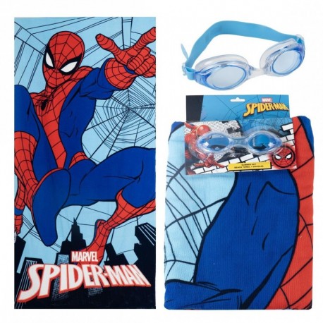 Set de Spiderman con toalla azul y gafas de natación