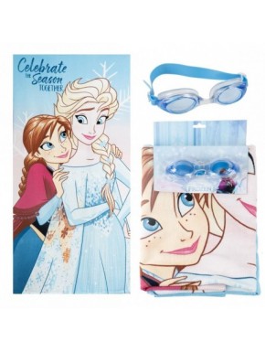 Toalla azul Frozen con Anna y Elsa y gafas de natación