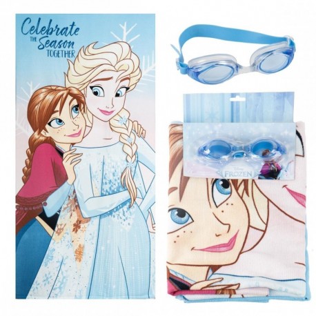 Toalla azul Frozen con Anna y Elsa y gafas de natación