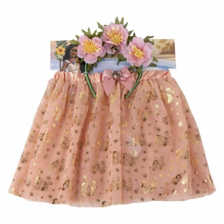 Conjunto de beleza Moana com saia coral e tiara floral