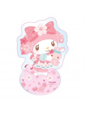 Figura acrílica holográfica de My Melody con flores y detalles rosados.