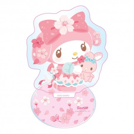 Figura acrílica holográfica de My Melody con flores y detalles rosados.