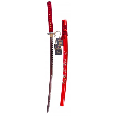 Katana KURENAI de KURO KAMI con vaina roja y detalles de dragón
